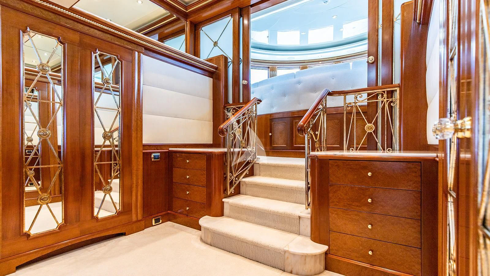 a wooden staircase in a room aboard NEXT CHAPTER Yacht for Sale