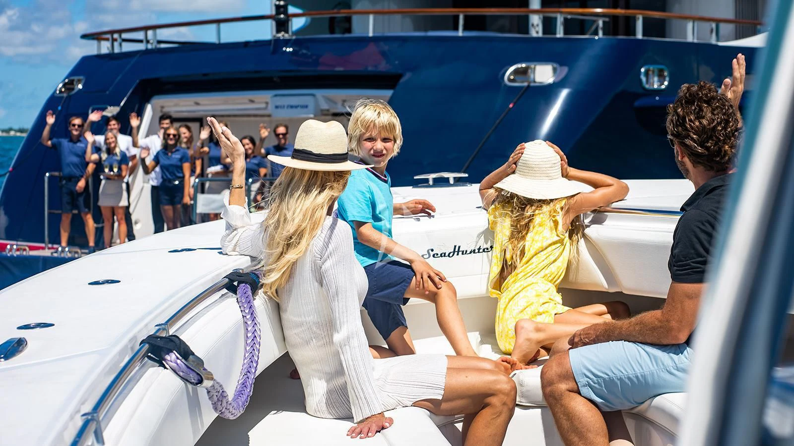 a group of people on a boat aboard NEXT CHAPTER Yacht for Sale