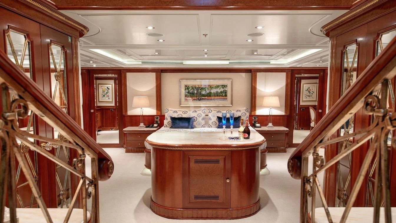 a room with a table and chairs aboard NEXT CHAPTER Yacht for Sale