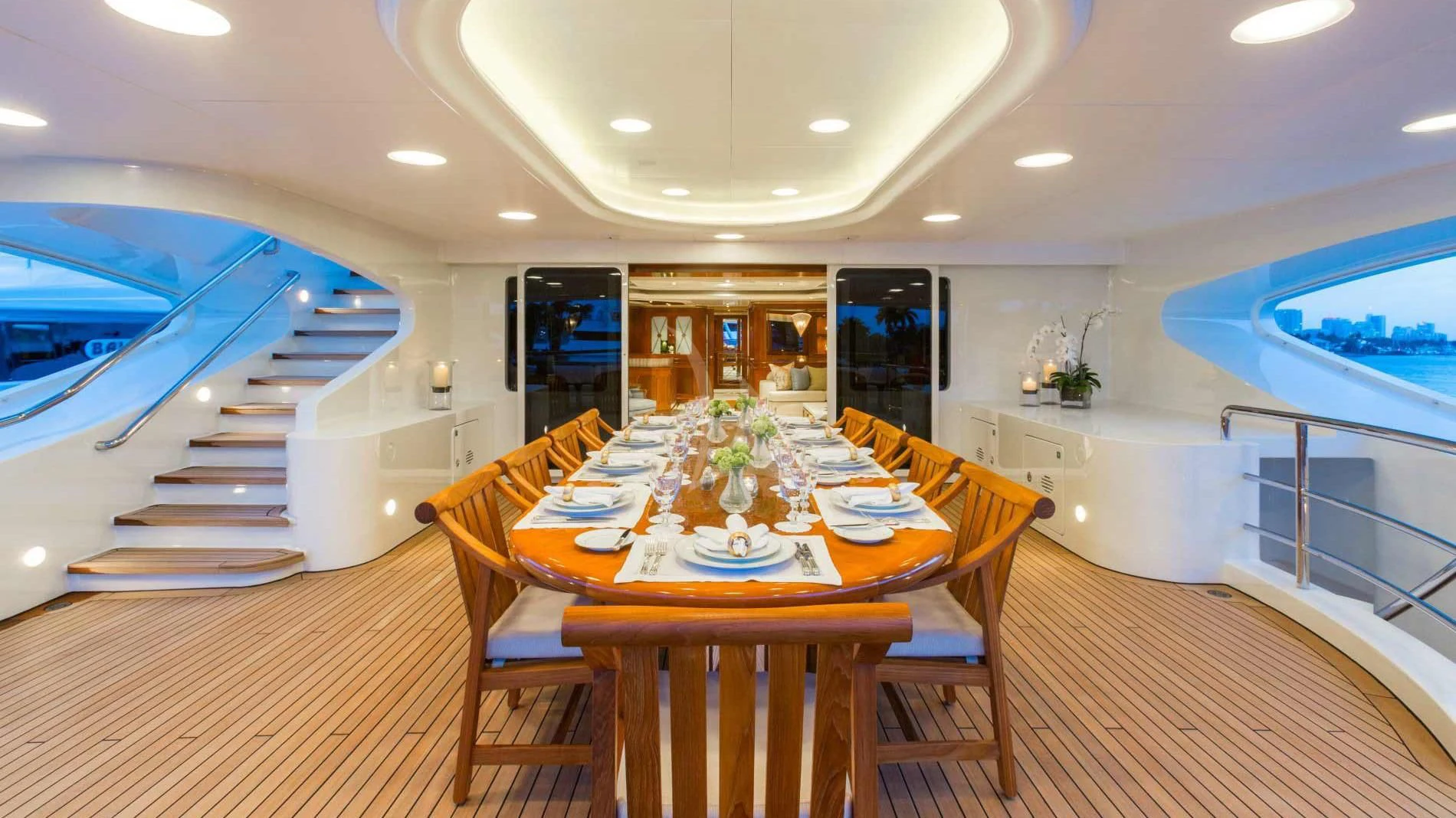 a dining table in a room aboard NEXT CHAPTER Yacht for Sale