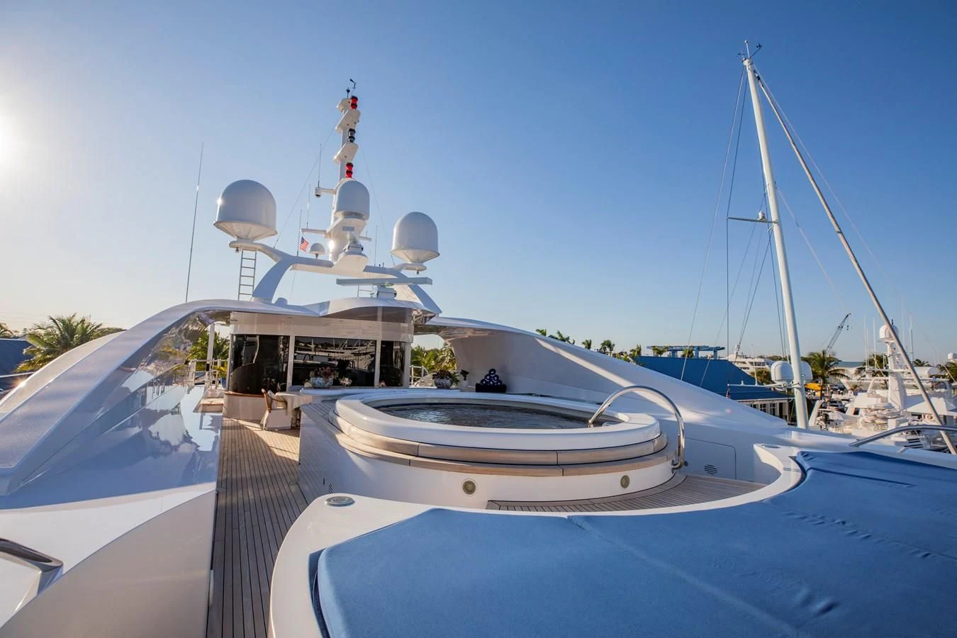 a boat with a satellite dish on it aboard NEXT CHAPTER Yacht for Sale