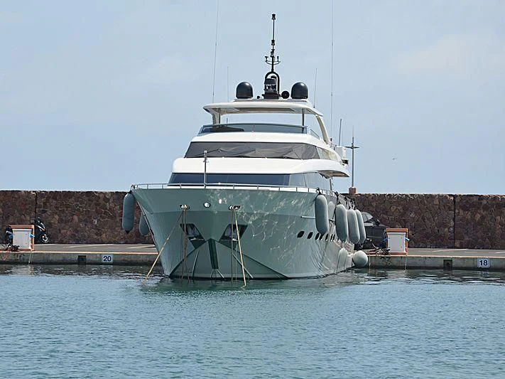 a large white boat aboard FASTER Yacht for Sale