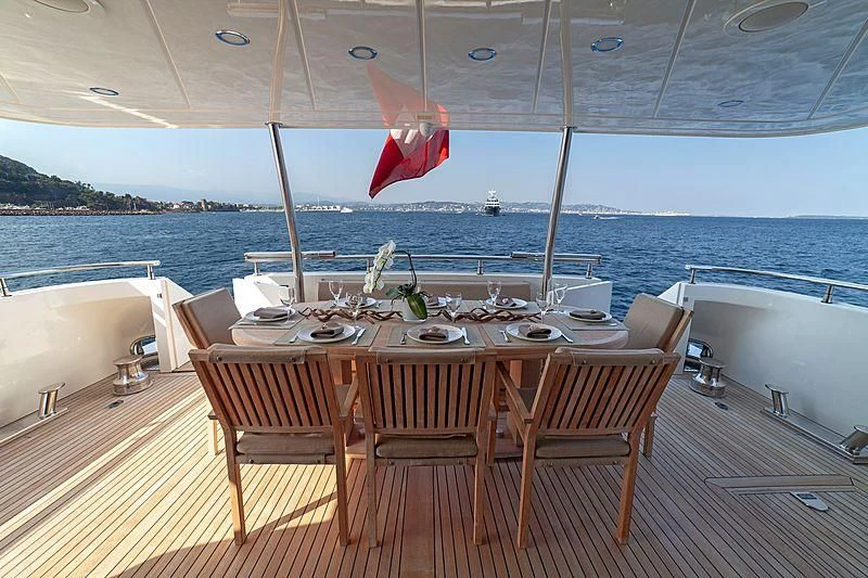 a table and chairs on a deck overlooking the ocean aboard FASTER Yacht for Sale