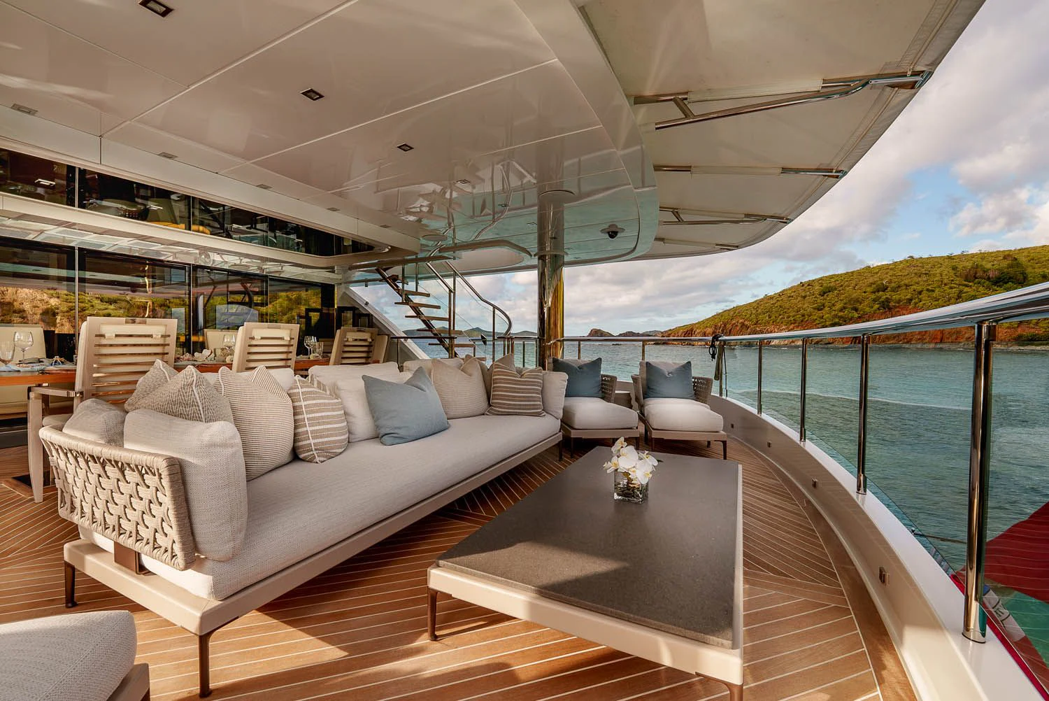 a large living room with a large balcony aboard KING BABY Yacht for Sale