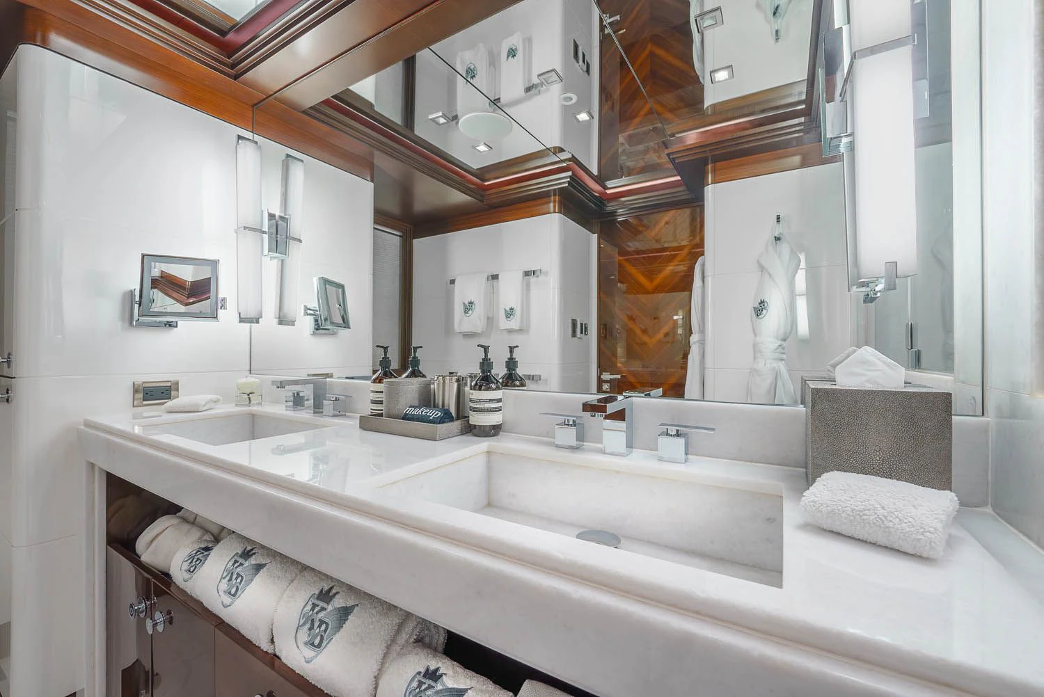a bathroom with a large mirror aboard KING BABY Yacht for Sale