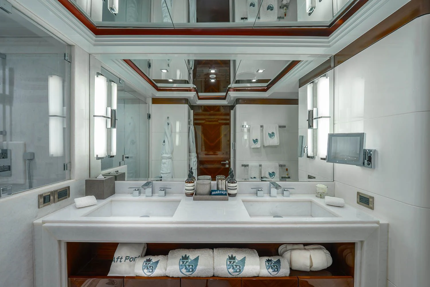 a bathroom with a large mirror aboard KING BABY Yacht for Sale