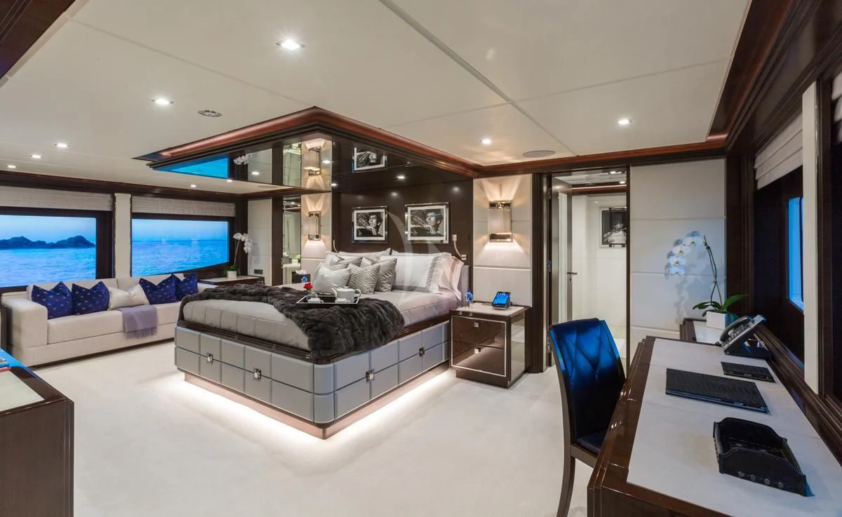 a living room with a large window aboard KING BABY Yacht for Sale