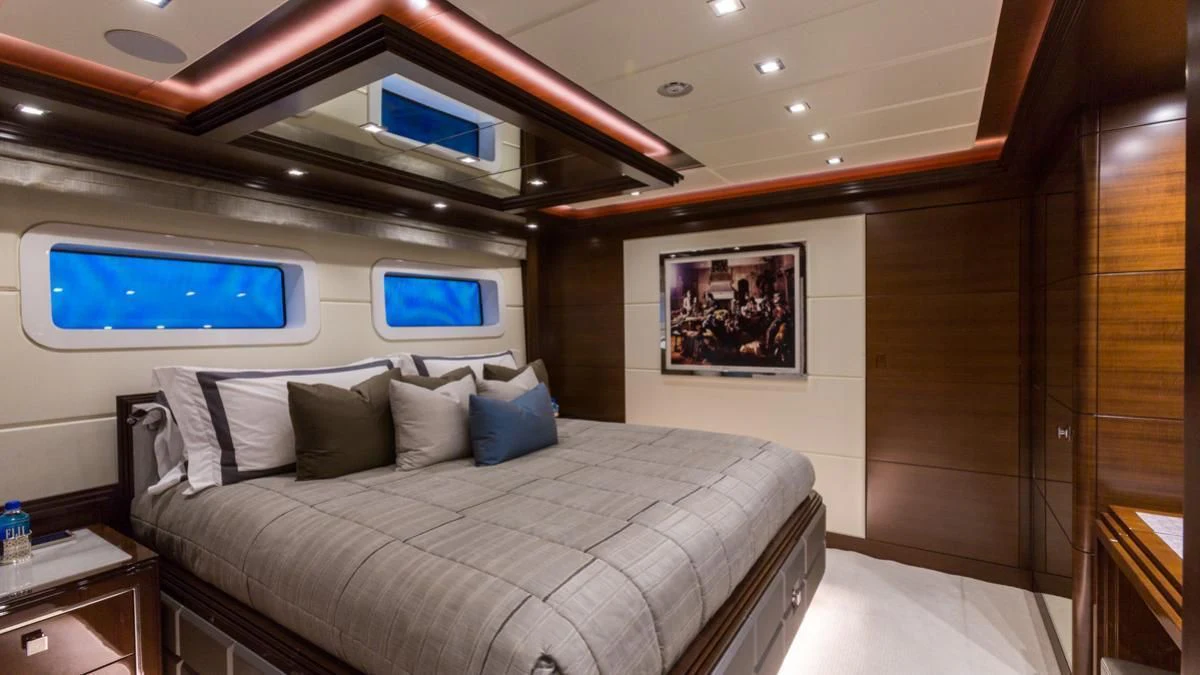 a bed in a room aboard KING BABY Yacht for Sale
