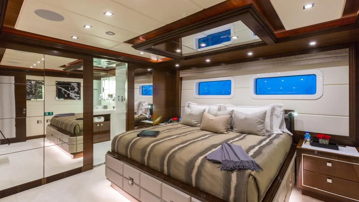 a bed in a room aboard KING BABY Yacht for Sale