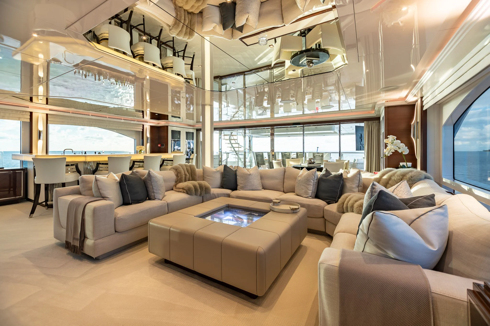 a living room with a large window aboard KING BABY Yacht for Sale