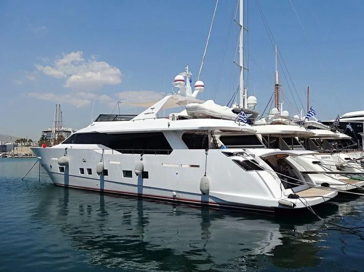 a white yacht in the water aboard AURORA Yacht for Sale