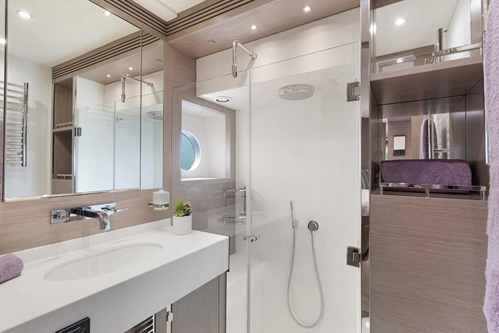 a bathroom with a shower and sink aboard LONG WAY ROUND Yacht for Sale