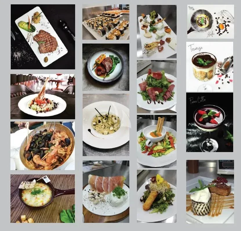a collage of food aboard TITIAN PEARL Yacht for Sale