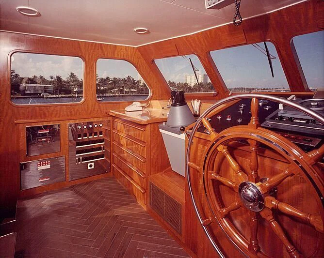 a wooden cabin with a large wooden cabin aboard BLACKHAWK Yacht for Sale