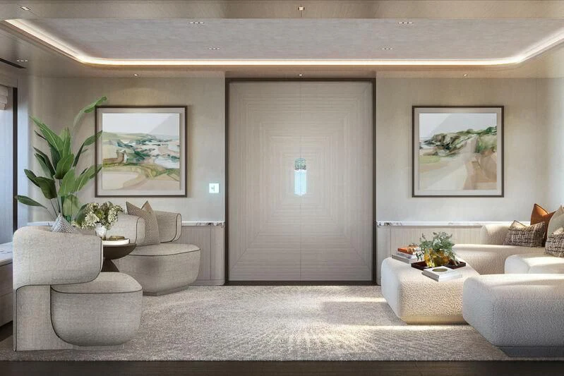 a living room with white furniture aboard PARA BELLVM Yacht for Charter