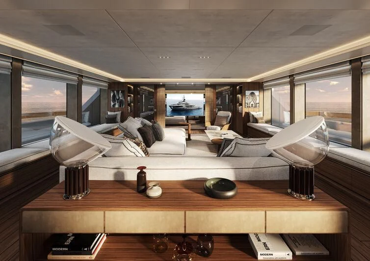 a room with a large window and a table with chairs and a large window aboard PARA BELLVM Yacht for Charter