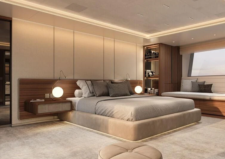 a large bed in a room aboard PARA BELLVM Yacht for Charter