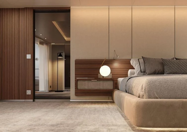 a room with a bed and a desk aboard PARA BELLVM Yacht for Charter