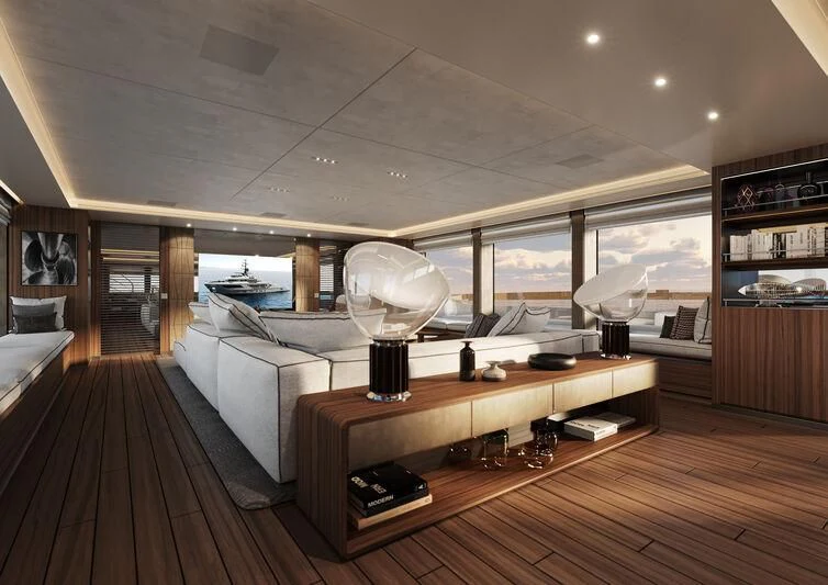 a room with a large window and a table with chairs aboard PARA BELLVM Yacht for Charter