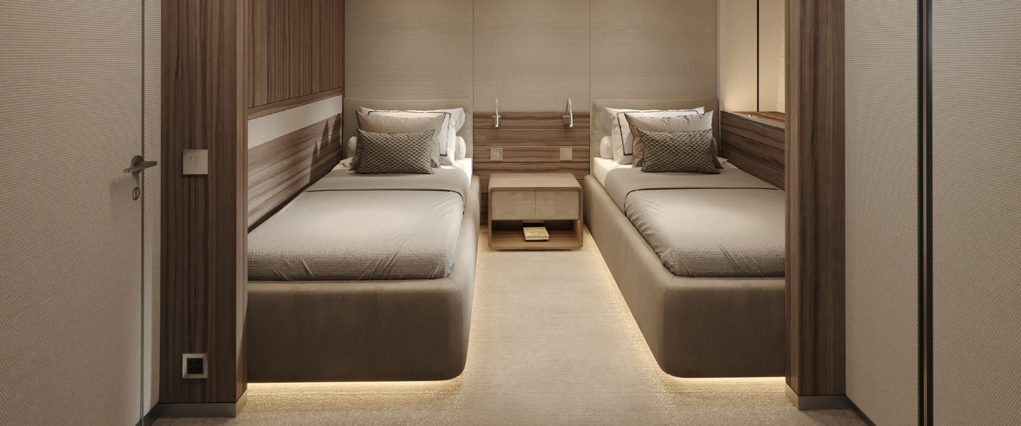 a room with a bed and a desk aboard PARA BELLVM Yacht for Charter