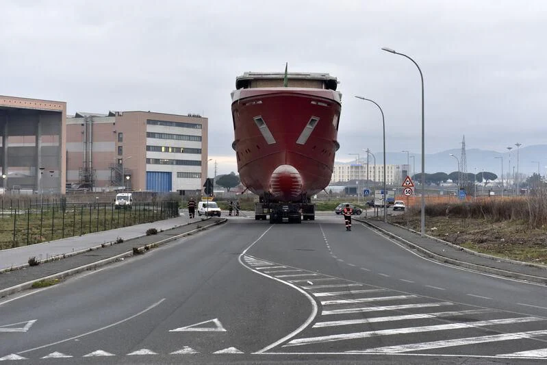 a large red container on a road aboard PARA BELLVM Yacht for Charter