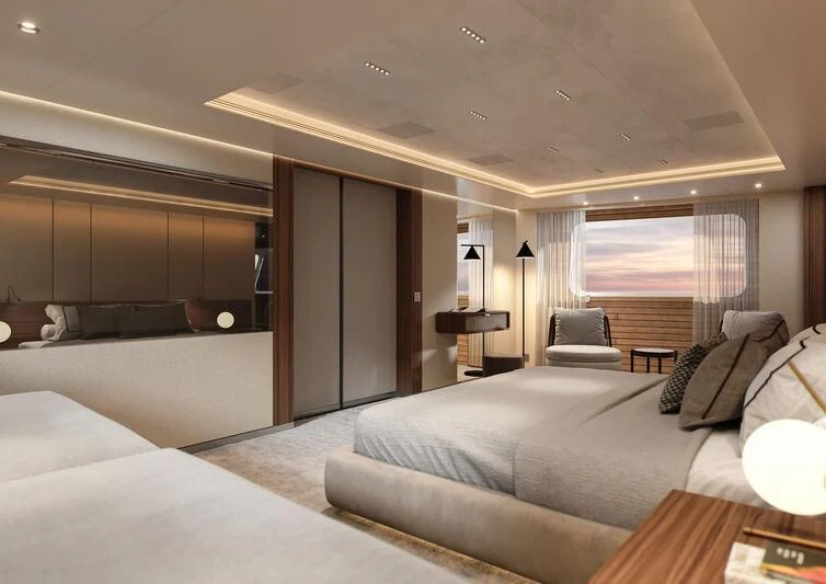 a large hotel room with a large bed and a large window aboard PARA BELLVM Yacht for Charter