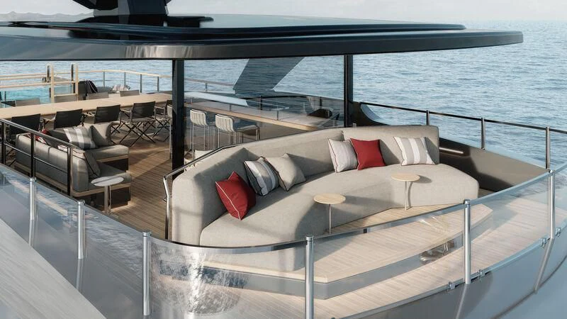 a large deck with a couch and a pool aboard PARA BELLVM Yacht for Charter