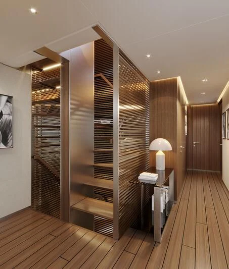 a wooden staircase in a house aboard PARA BELLVM Yacht for Charter