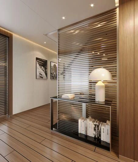 a room with a shelf and a lamp aboard PARA BELLVM Yacht for Charter
