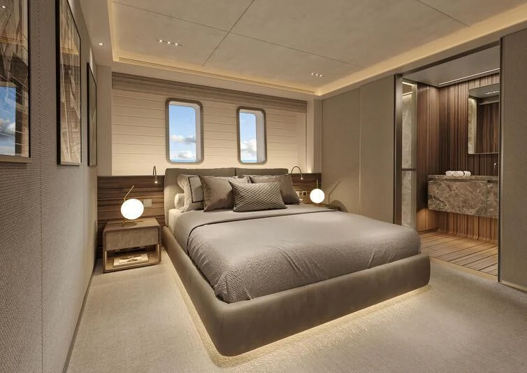 a large bed in a room aboard PARA BELLVM Yacht for Charter