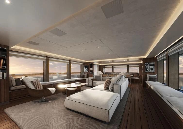 a large living room with a large window aboard PARA BELLVM Yacht for Charter