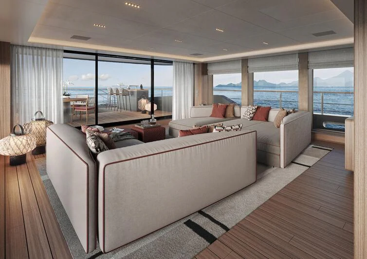 a living room with a large window aboard PARA BELLVM Yacht for Charter