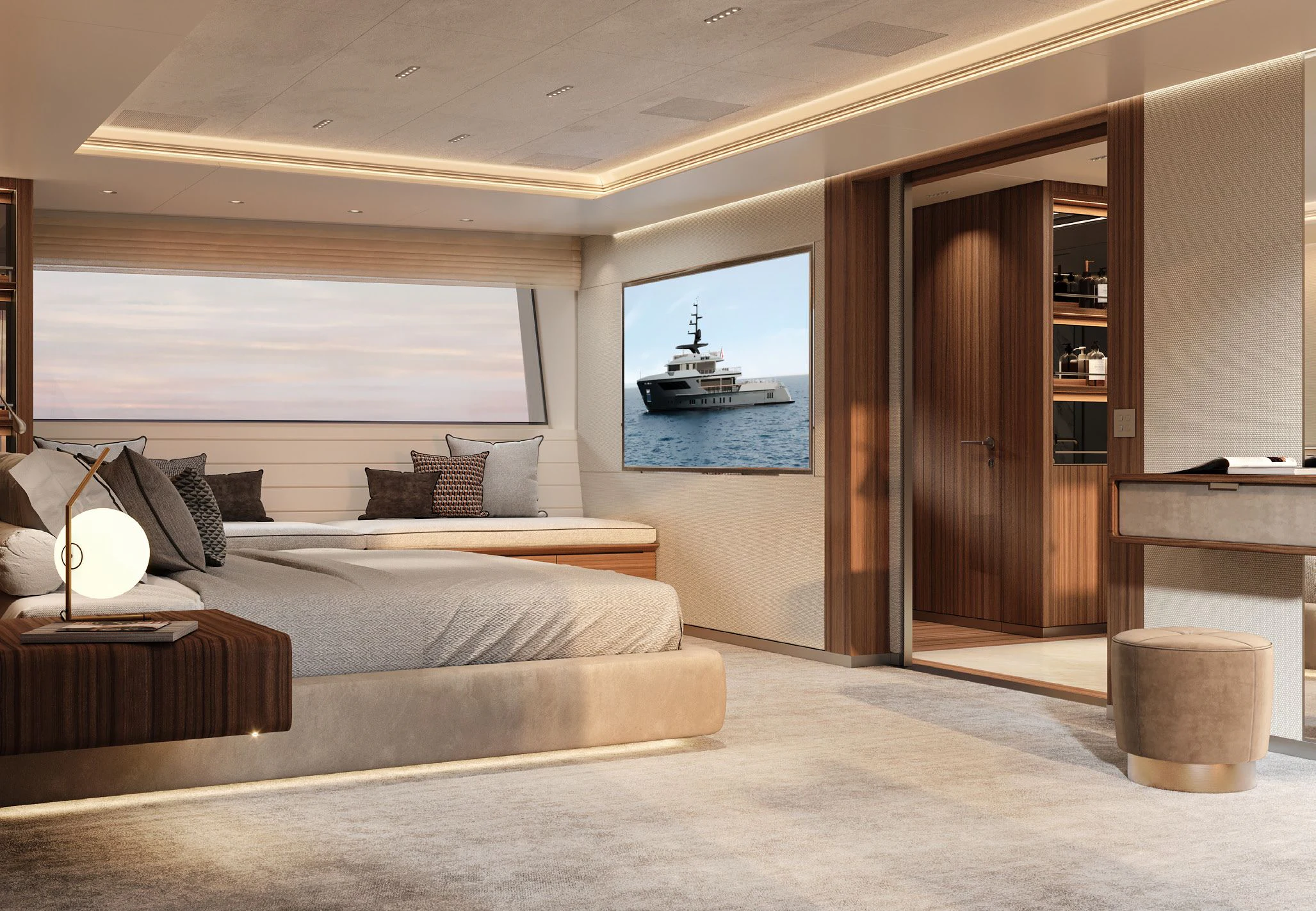 a bedroom with a large bed aboard PARA BELLVM Yacht for Charter