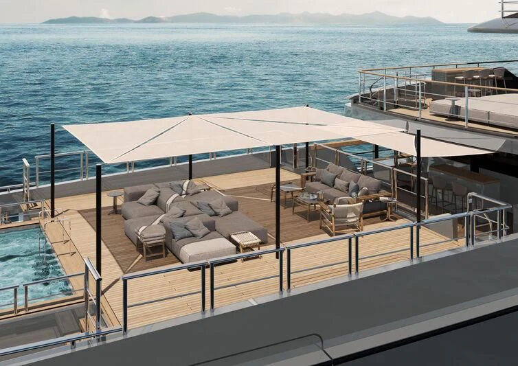 a deck with a large pool and chairs on it aboard PARA BELLVM Yacht for Charter
