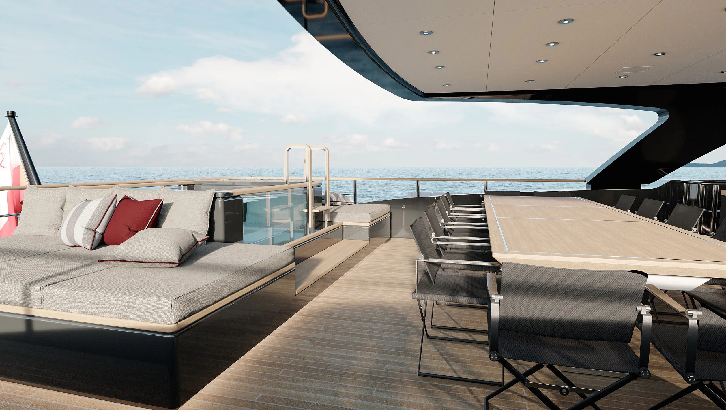 a deck with a view of the ocean and the ocean aboard PARA BELLVM Yacht for Charter