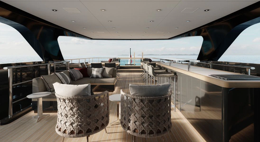 a room with a view of the ocean and the deck aboard PARA BELLVM Yacht for Charter