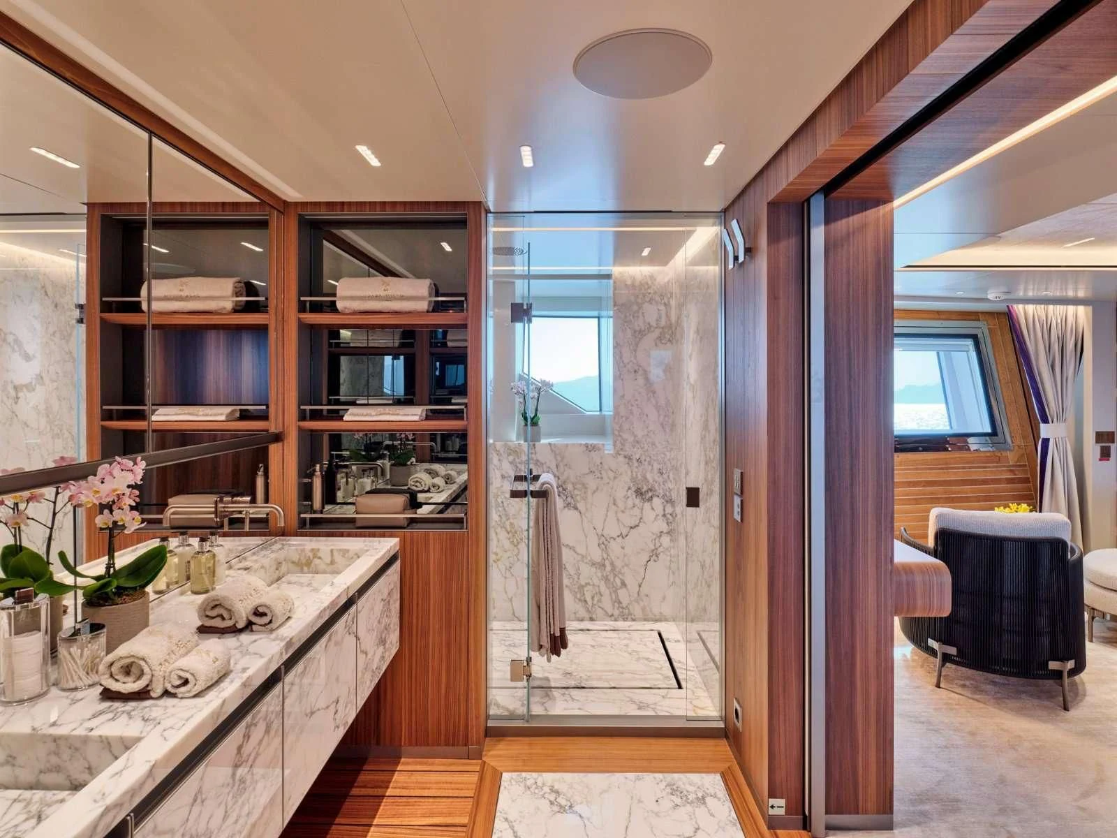 a large bathroom with a large shower aboard PARA BELLVM Yacht for Charter