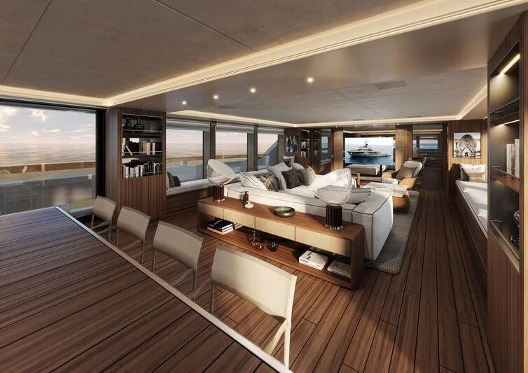 a room with a large window and a wood table with chairs and a large window aboard PARA BELLVM Yacht for Charter