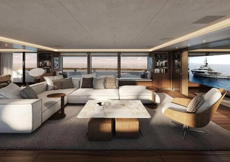 a living room with a large window aboard PARA BELLVM Yacht for Charter