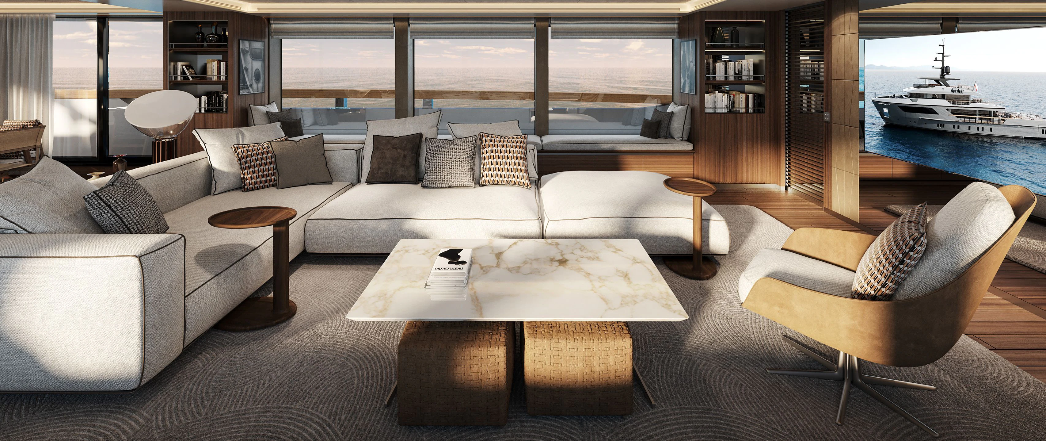 a living room with a couch and a table aboard PARA BELLVM Yacht for Charter