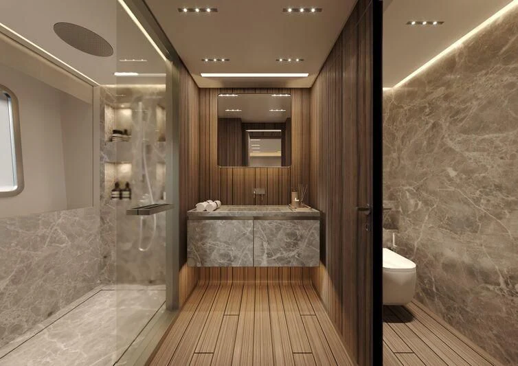 a bathroom with a tub and shower aboard PARA BELLVM Yacht for Charter