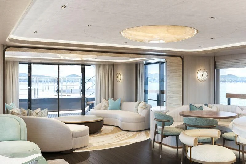 a living room with a large window aboard PARA BELLVM Yacht for Charter