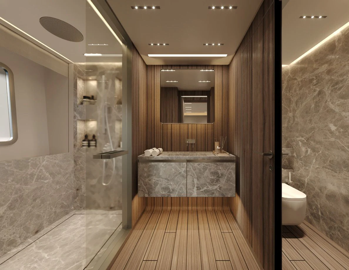 a bathroom with a tub and shower aboard PARA BELLVM Yacht for Charter