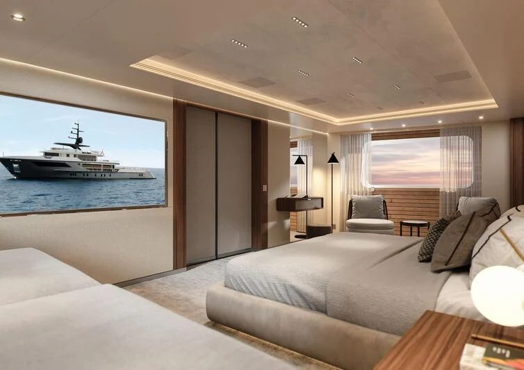 a large hotel room with a large bed and a large window aboard PARA BELLVM Yacht for Charter