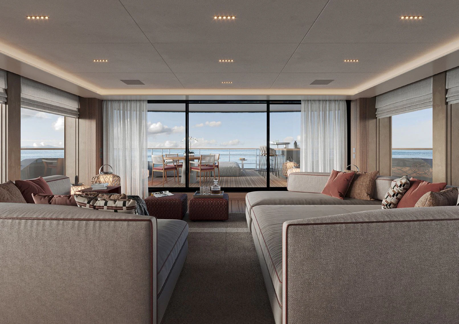 a living room with a large window aboard PARA BELLVM Yacht for Charter