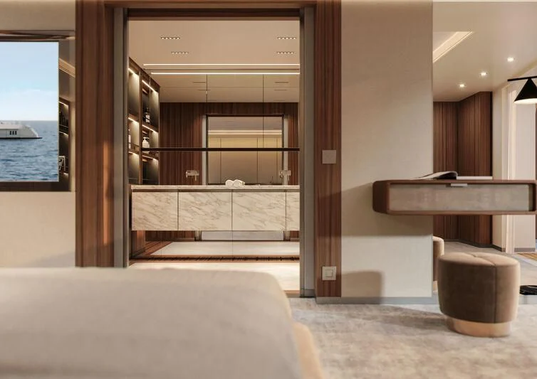 a room with a bed and a mirror aboard PARA BELLVM Yacht for Charter