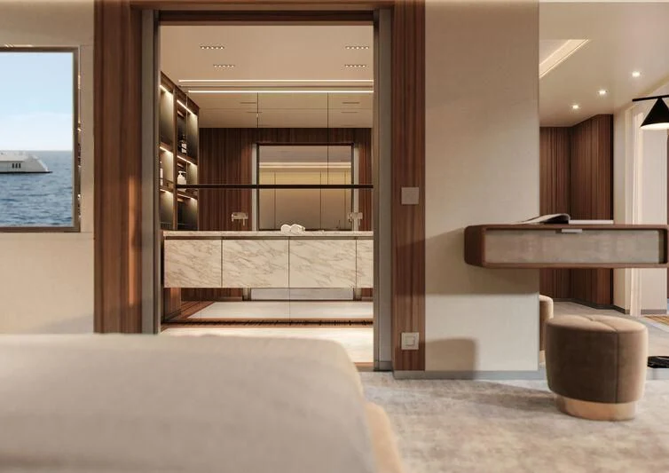 a room with a bed and a window aboard PARA BELLVM Yacht for Charter