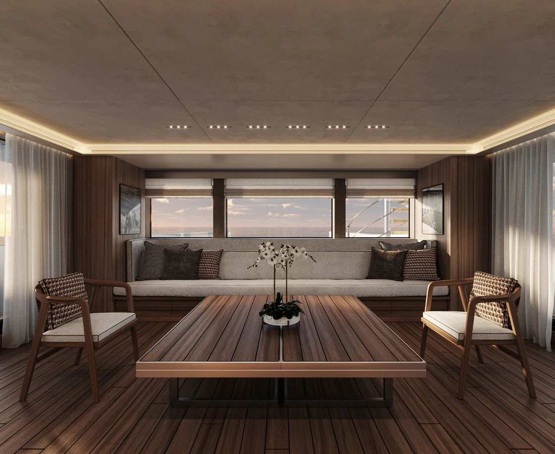 a living room with a wood floor aboard PARA BELLVM Yacht for Charter