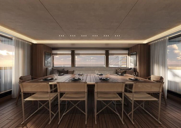 a large conference room with tables and chairs aboard PARA BELLVM Yacht for Charter