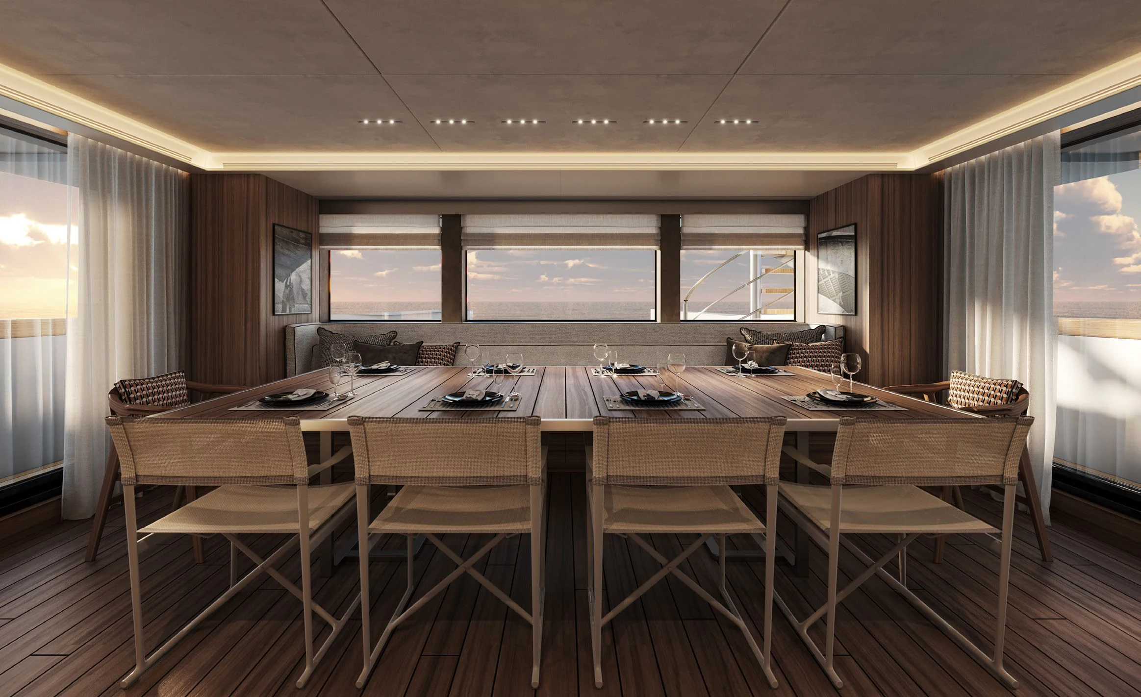 a large conference room with a table and chairs aboard PARA BELLVM Yacht for Charter
